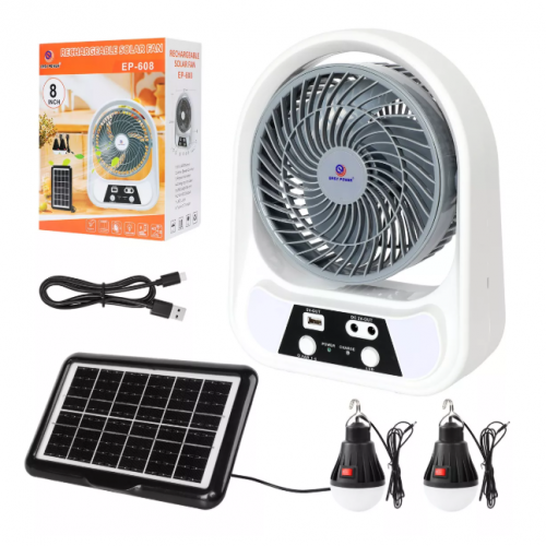 ABANICO SOLAR RECARGABLE PORTATIL 8", MESA PISO CON LUZ Ref: EP-608